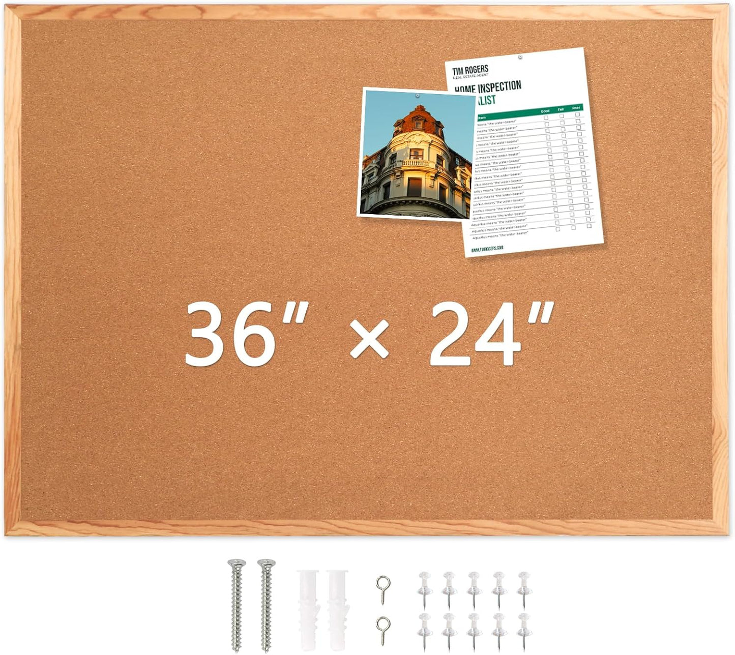 WALGLASS Cork Board 36" x 24" Wooden Frame Bulletin Board, Pin Cork Board for Wall Room Decoration Display Board for Home Office, 10 Pins