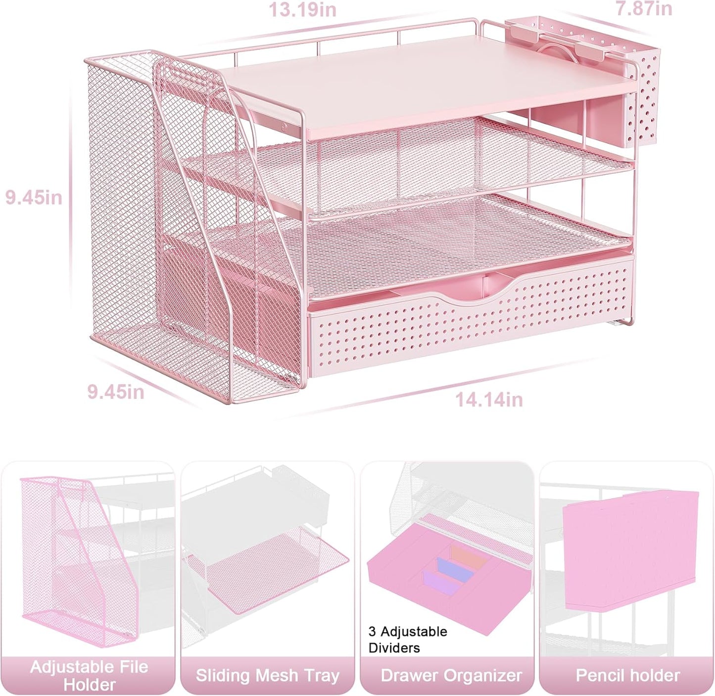 Wood Desk Organizers and Accessories with File Holder, 4-Tier Desk Accessories & Workspace Organizers with Drawer and Pen Holder, Paper Organizer for Office Supplies (Pink)