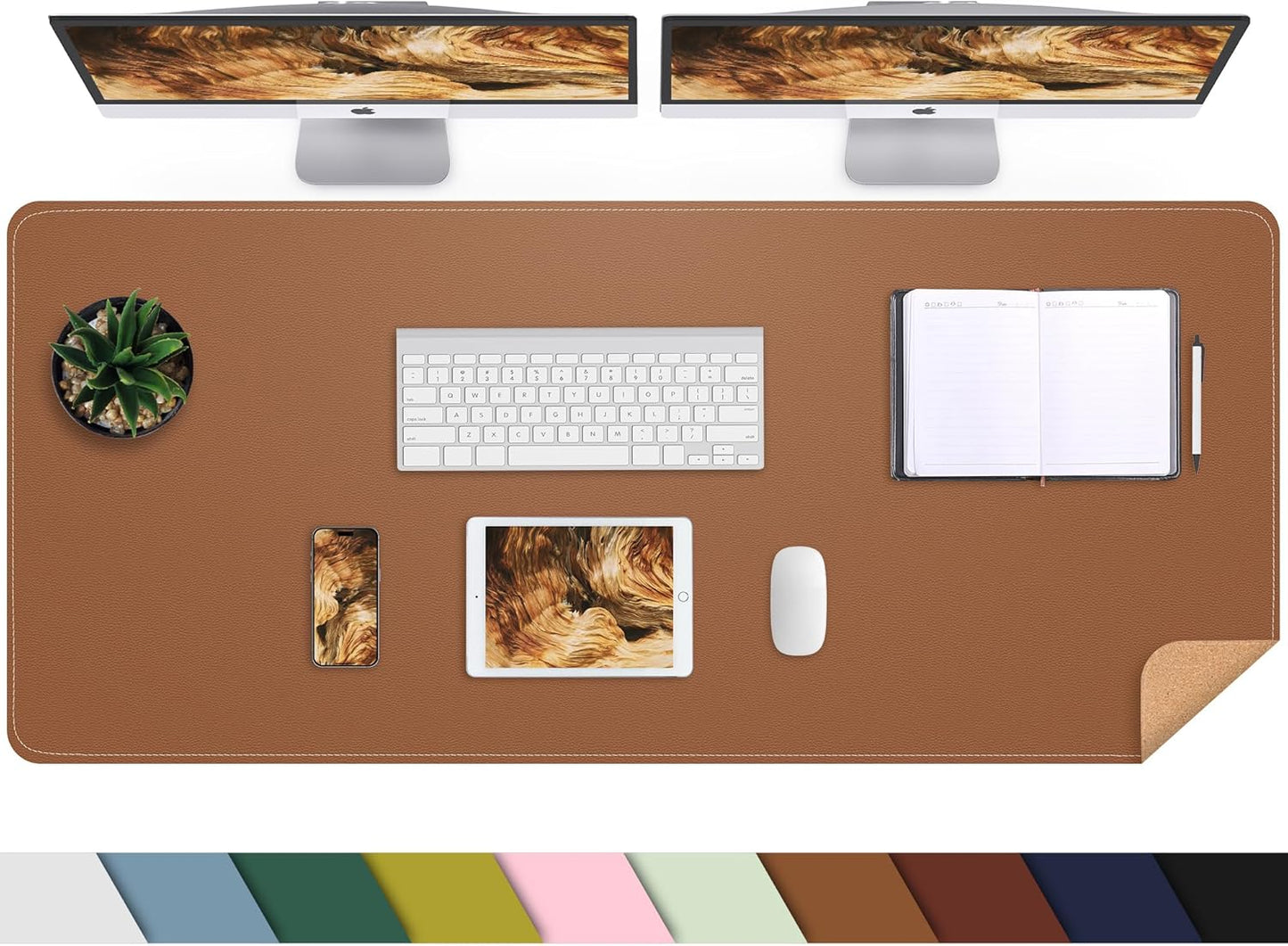 Leather Desk pad Protector, Large Desk mat with Natural Cork & PU Leather,Mouse pad,Non-Slip Office Desk Mat,Waterproof Desk Writing Pad for Office and Home (47in*17in, Brown)