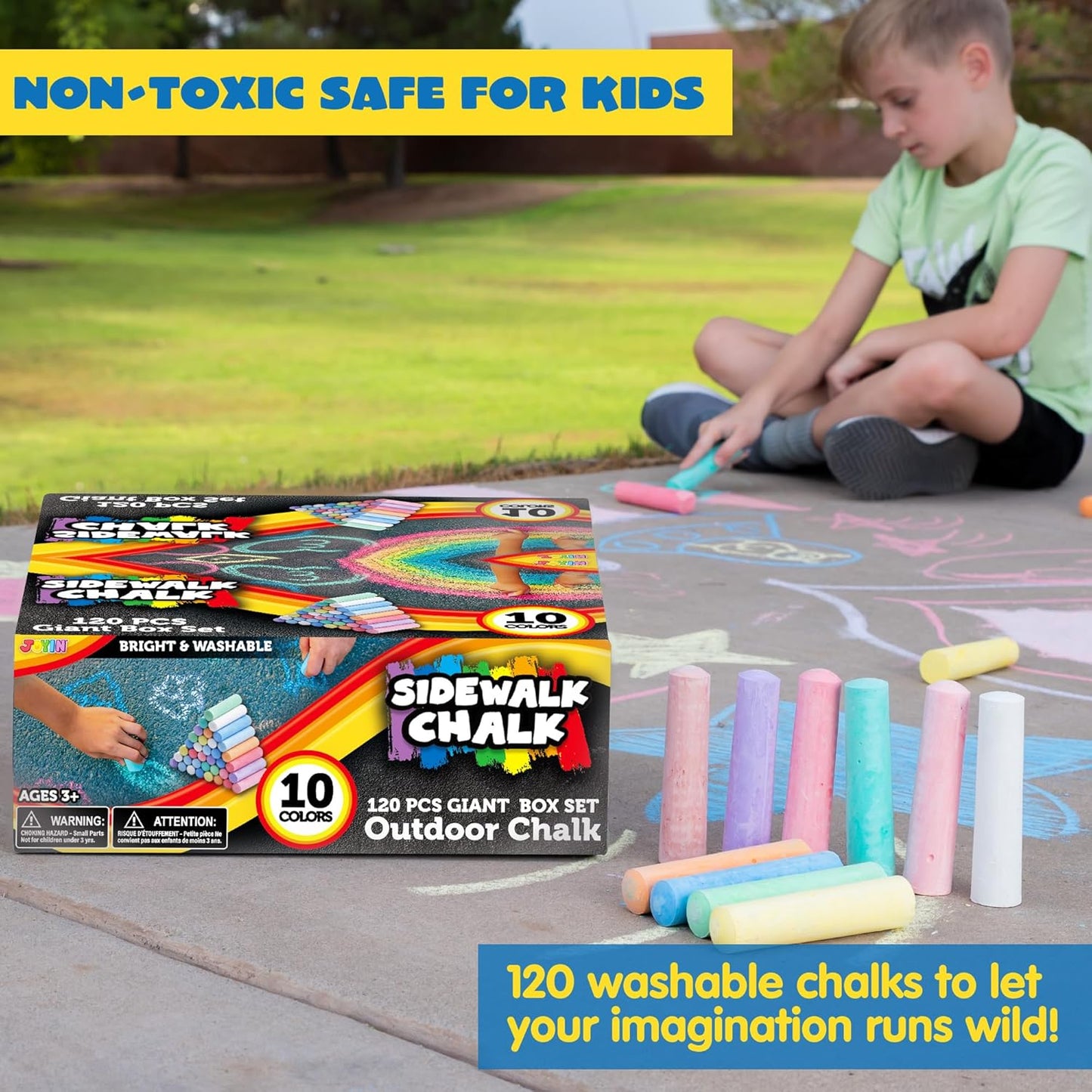 JOYIN 120 PCS Sidewalk Chalks for Kids Giant Box Non-toxic Jumbo Colored Washable Sidewalk Chalk for Toddlers in 10 Colors