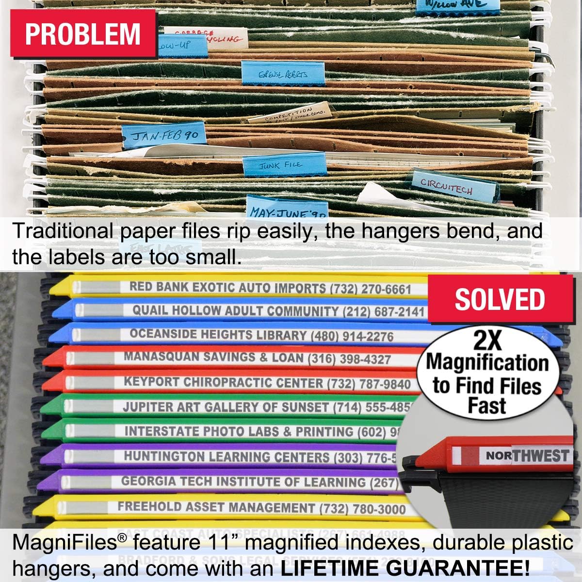Ultimate Office MagniFile Hanging File Folders V Base Letter Size with 11 inch Magnified Indexes That Double The Size of Your File Titles to Find Files Fast. (Set of 10 Assorted)