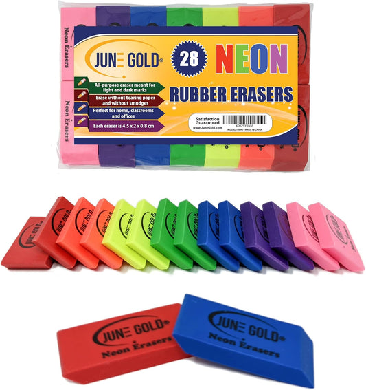 June Gold 28 Neon Colored Rubber Erasers - These All-Purpose erasers are Perfect for classrooms, Homes & Offices