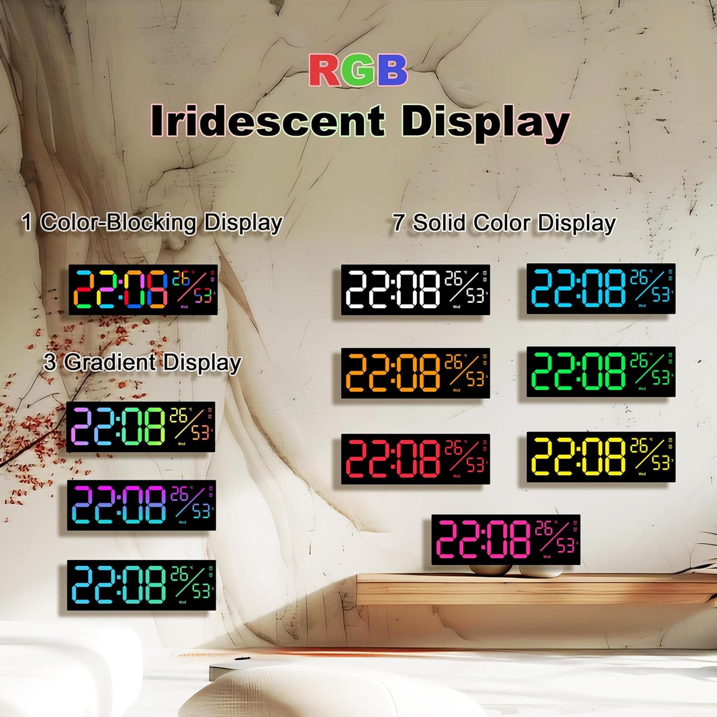 11-Inch LED Digital Wall Clock with RGB Flowing Light, Seconds, Date, Time, Temperature｜ Clear Large Numbers, Dual Alarm Settings, Remote Controlled ｜ Stylish Modern Clock for Living Room, Bedroom