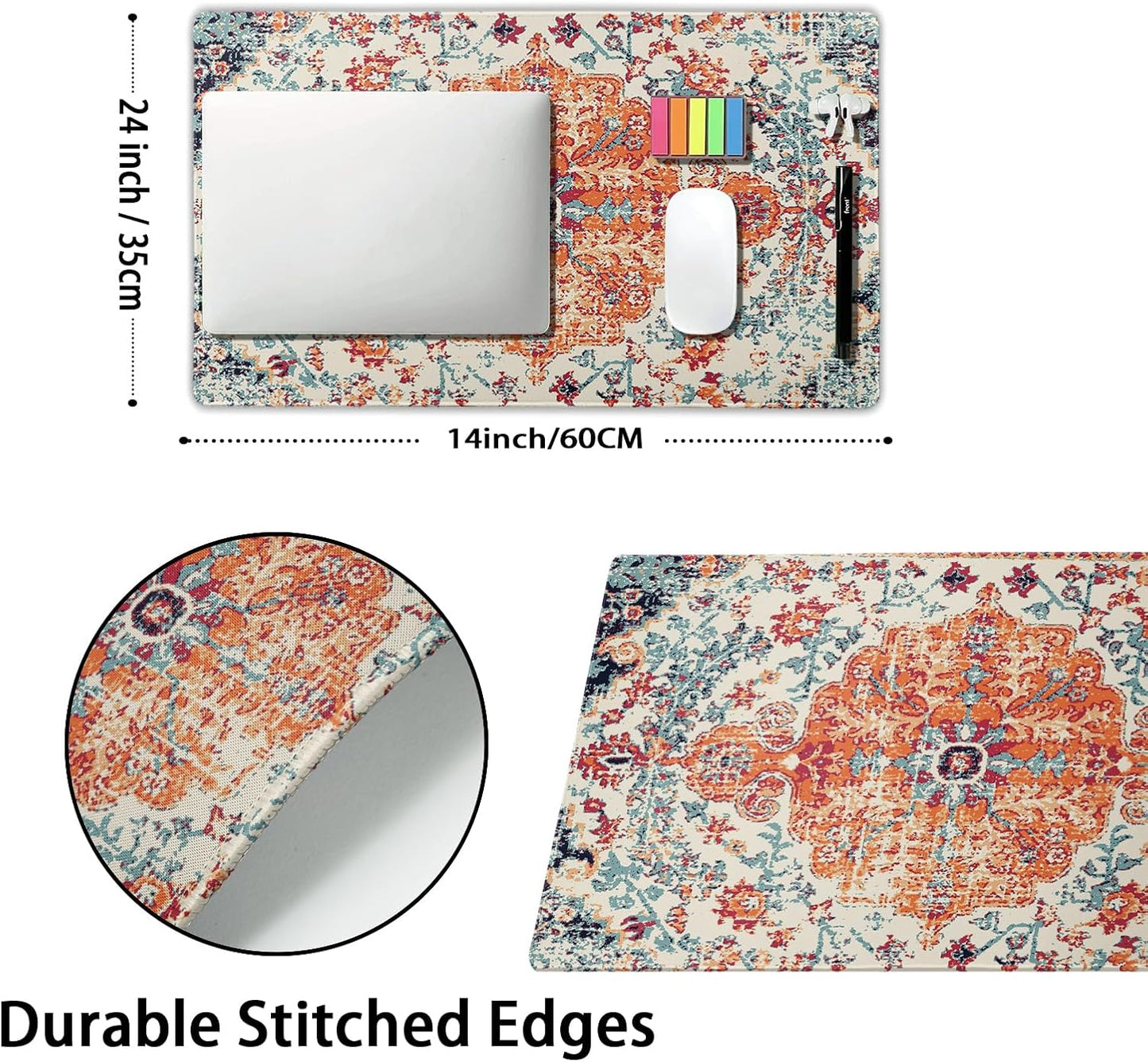 Orange Teal Boho Gaming Mouse Pad Large XL Rug Carpet Bohemian Retro Extended Large Desk Mat Big Mousepad Non-Slip Rubber Base Stitched Edge Long Desk Pad for Desktop Office PC Gamer,20x14 in,60x35cm