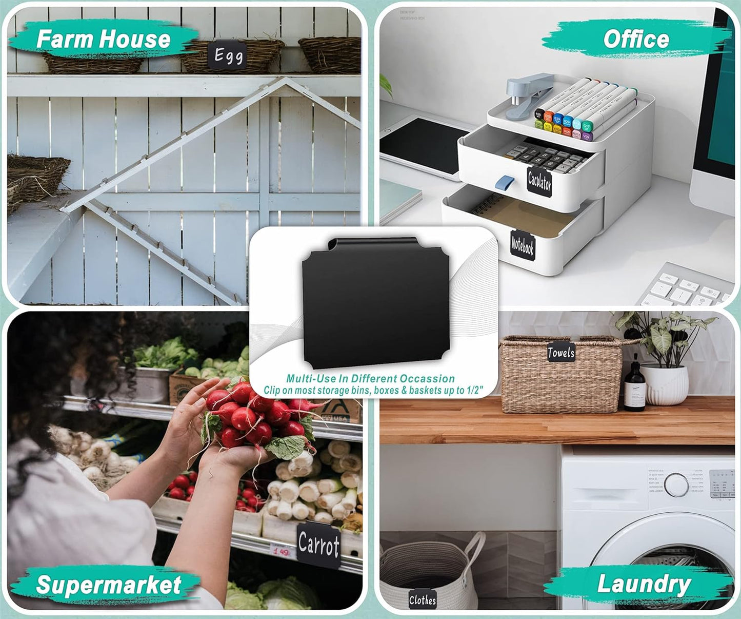 27-Piece Set of Basket Labels Clip On for Storage Bins: 10 Erasable Plastic Kitchen Pantry Labels, 16 Removable PVC Tag Stickers, 1 White Chalk Marker, for Organization Container, Jar, Shelf, Laundry