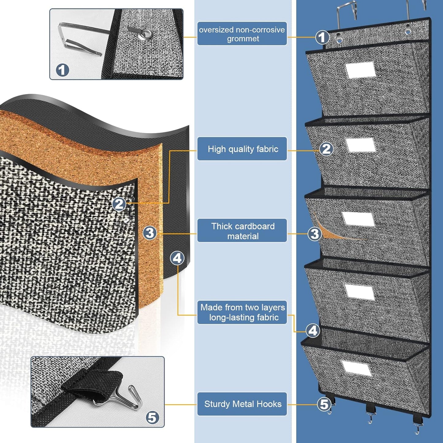 Homyfort Over the Door File Organizer, Hanging Wall File Folders with 5 Large Pockets for Papers, Charts, Mails, Magazine, Office and Back To Supplies Storage and Organization (Black)