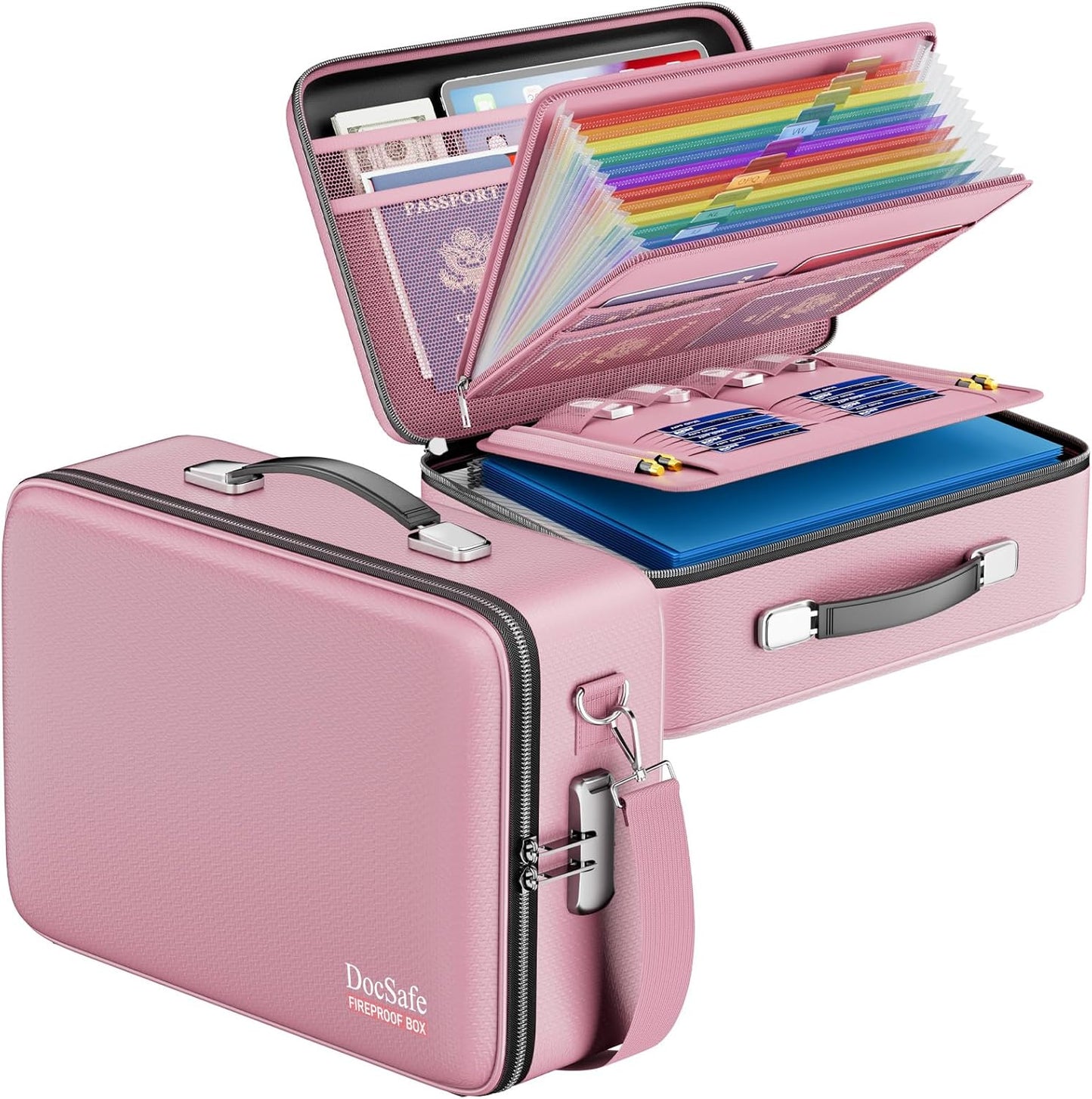 DocSafe Fireproof Document Box with Lock, Hard Case File Organizer with Accordion File Folder, Fireproof Water Resistant Safe Box Home Office Travel Storage for Important Documents Laptop Pink