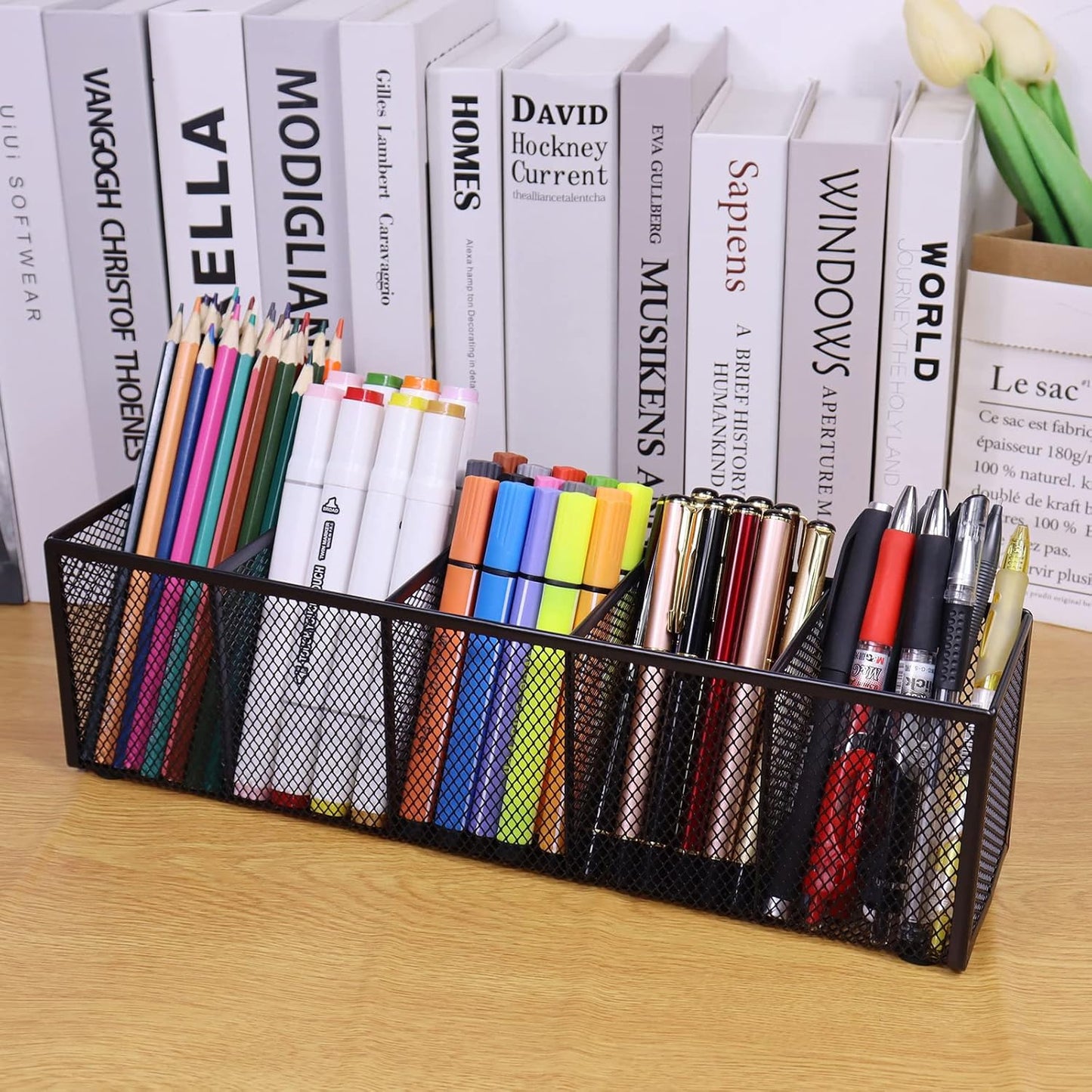 Black Mesh Pen Pencil Holder, Small Metal Desk Organizer Desktop Stationery Office Supplies Acessories Storage Stand, 5 Compartments Brushes Holder for Home School Classroom Teachers