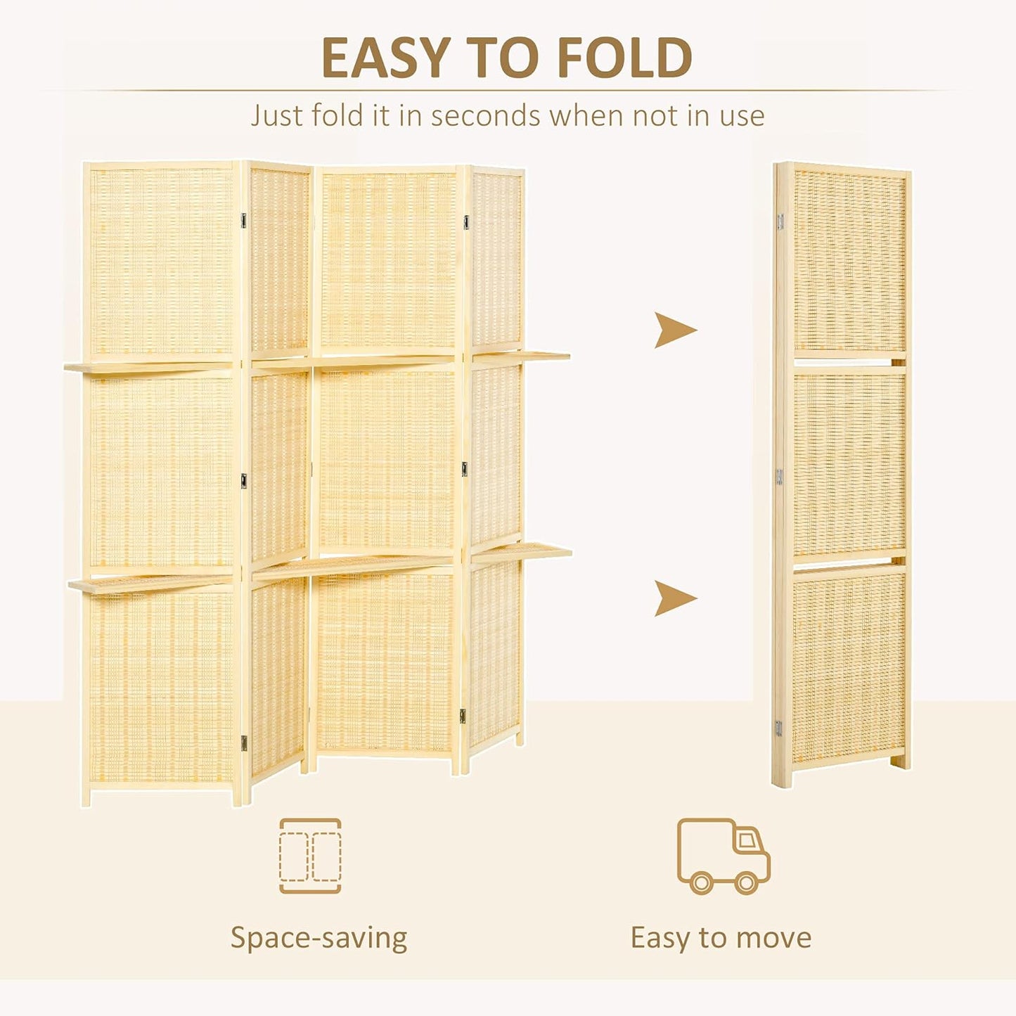 NicBex Room Divider 4 Panel Room Dividers with Storage Shelves Partition Room Dividers and Folding Privacy Screens 6 FT Wall Divider for Office, Room Separation,70.75" W x 0.75" D x 70.75" H, Natural