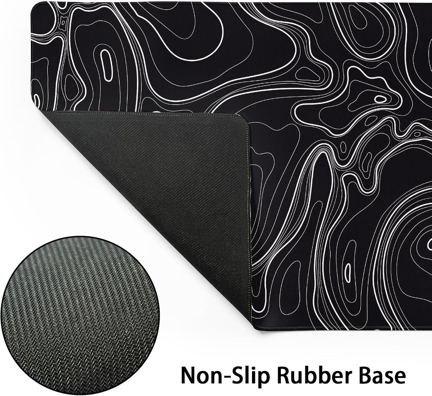 Topographic Map Black Gaming Mouse Pad XL Minimalist Topo Geographic White Lines Extended Large Mat Mousepad Desk Pad Non-Slip Rubber Base Stitched Edge Long Keyboard Pad for Computer,31.5×11.8 in