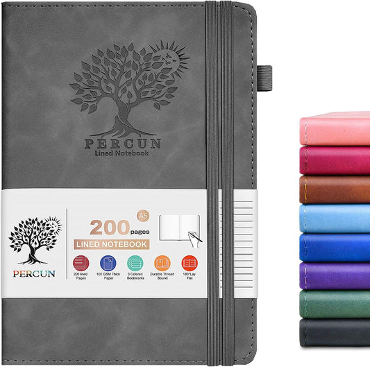 Lined Journal Notebook for Men & Women,200 Pages A5 Hardcover Leather Notebook (5.9"x8.5"), Travel Journal for Work, School, Business Writing, Note Taking, Notepad Diary (Grey)