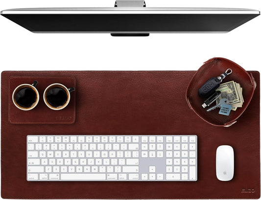Elizo Leather Desk Mat Desk Pad Blotter Set - Real Full-Grain Leather (32x16) 2-Layer Genuine Desk Cover Protector & Large Mouse Pad | Computer Keyboard Desk Accessories for Office & Home