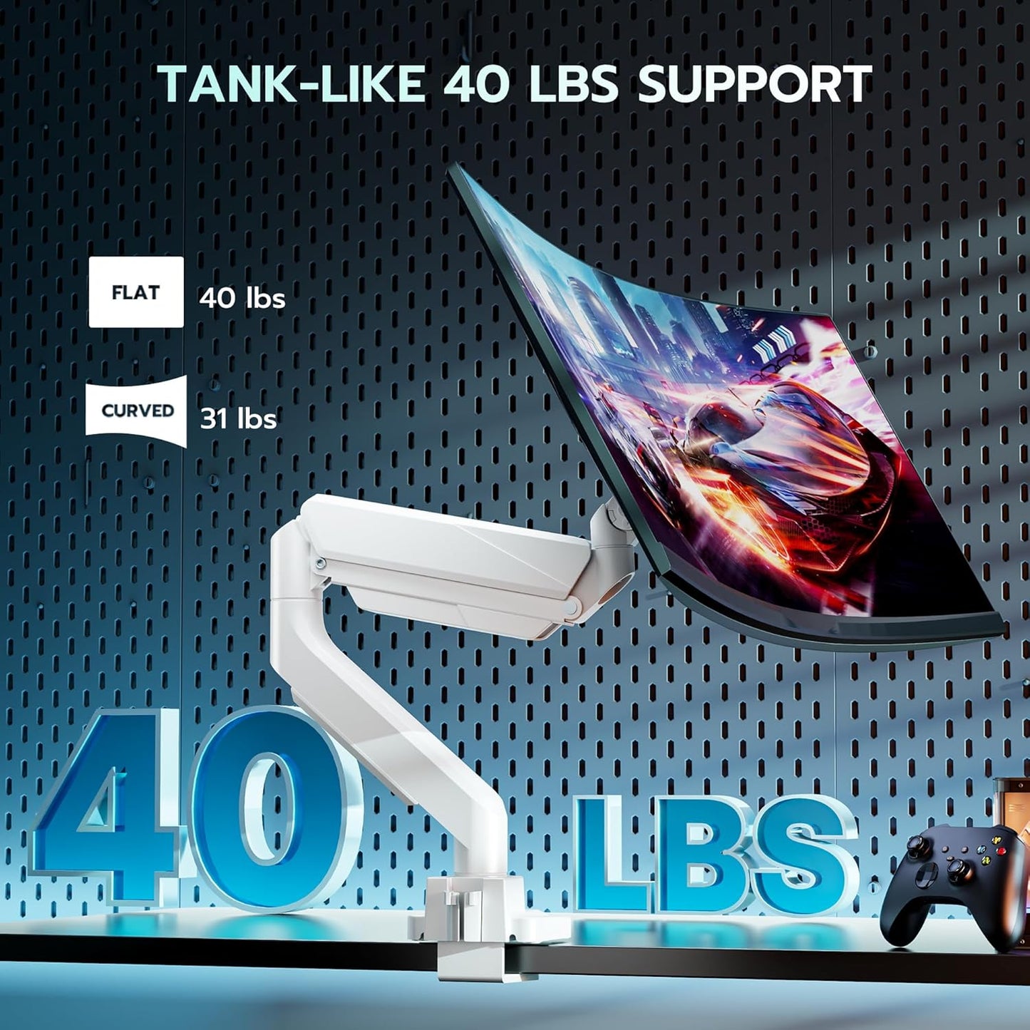 ARES WING Single Monitor Arm, Heavy Duty Adjustable Monitor Arm for 13"-45" Screens with USB, Gas Spring Desk Mount Stand with C Clamp/Grommet Mounting Base up to 40lbs Computer, White