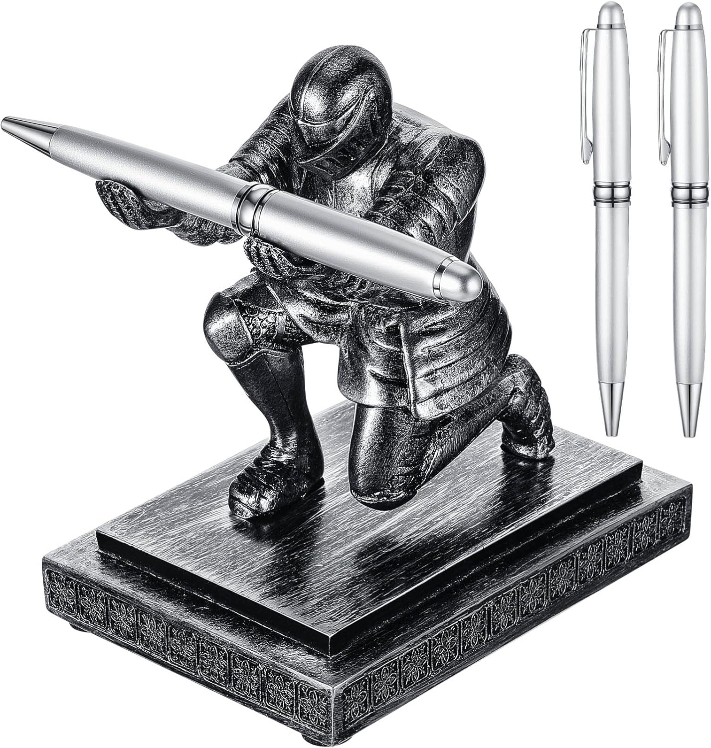 Spakon Knight Pen Holder with 2 Pens Resin Desk Organizers and Accessories Funny Executive Pen Stand Fancy Cool Office Gadgets Cool Desk Decorations for Men Home Supplies(Classic,Iron)
