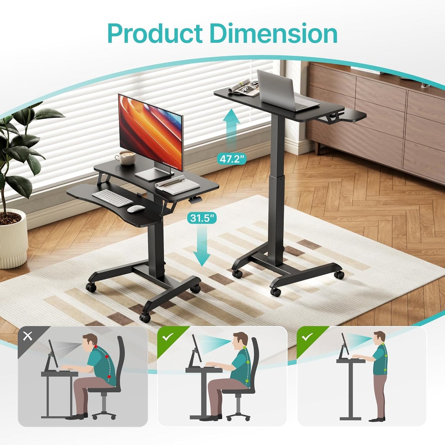 Standing Rolling Desk-Height Adjsutable up to 47.2' Rolling Podium for Teachers, 31.2'× 27.5' Dual Tier Sanding Desk for Classroom, Moveable Laptop Cart, Teacher Podium with Wheels, Black
