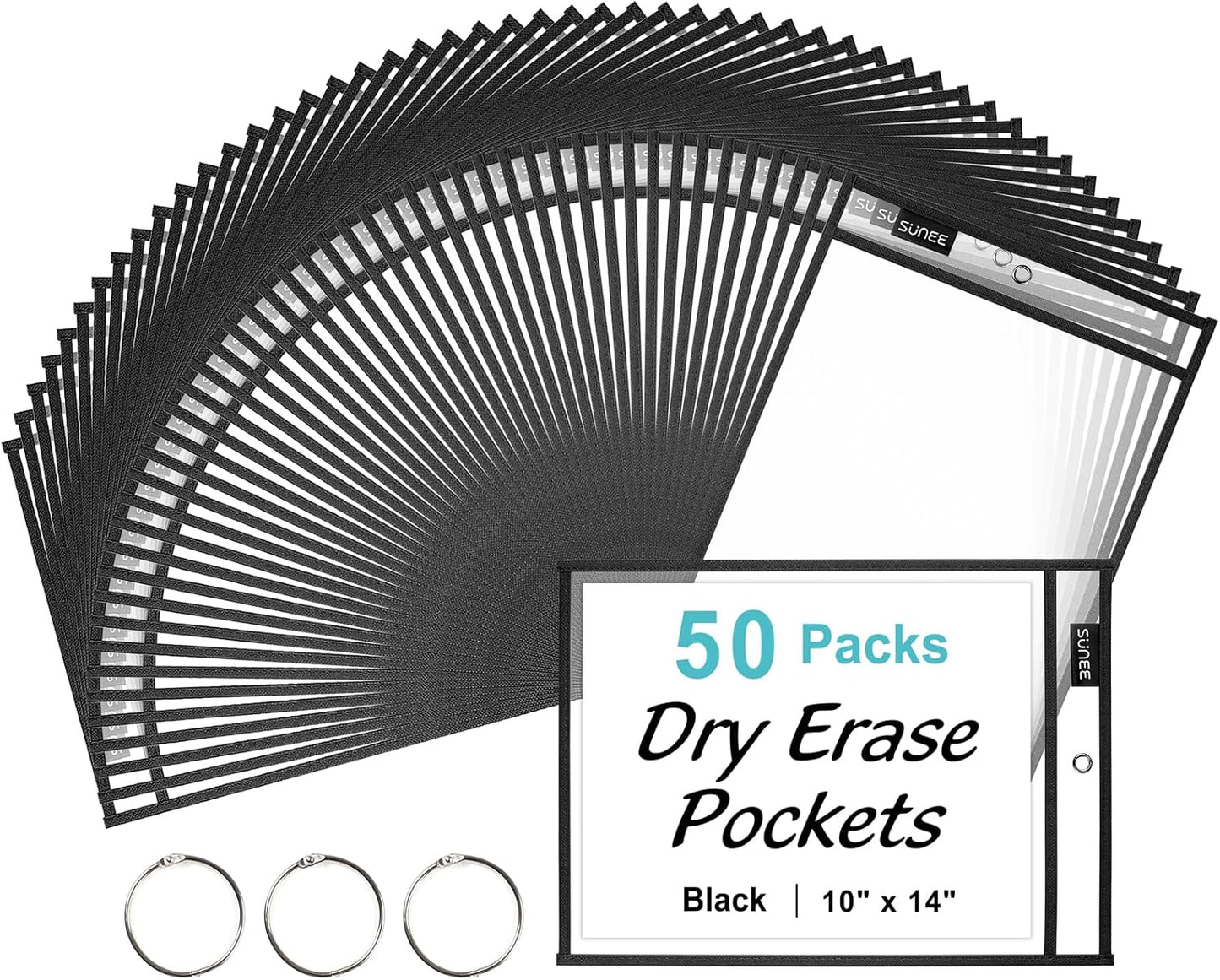 SUNEE 50 Packs Oversized Reusable Dry Erase Pocket Sleeves with 3 Rings, Black 10x14 Ticket Holders, Clear Plastic Sheet Protectors, Teacher School Classroom Supplies