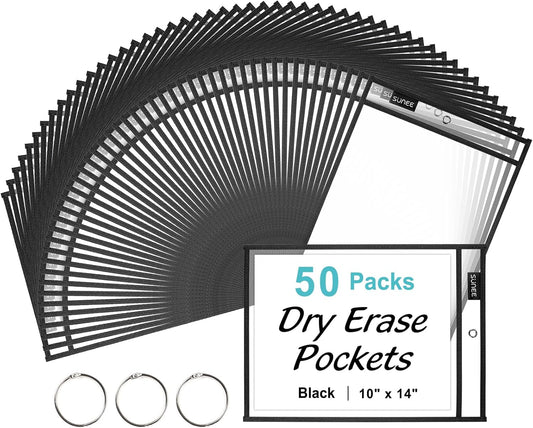 SUNEE 50 Packs Oversized Reusable Dry Erase Pocket Sleeves with 3 Rings, Black 10x14 Ticket Holders, Clear Plastic Sheet Protectors, Teacher School Classroom Supplies