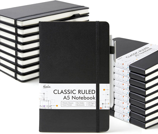 feela 18 Pack Journal Notebook for Work, Business Notebook Bulk Hardcover Lined Writing Journal with Pen Holder for Men Women Note Taking, with 18 Black Pens, 120 GSM, 5.1”x8.3”, A5, Black