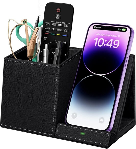Desk Supplies Organizer, Multi-Functional Pencil Pen Holder with Wireless Charger, Desktop Stationery Organizer, Home Office Supply Storage Box Caddy (Black)