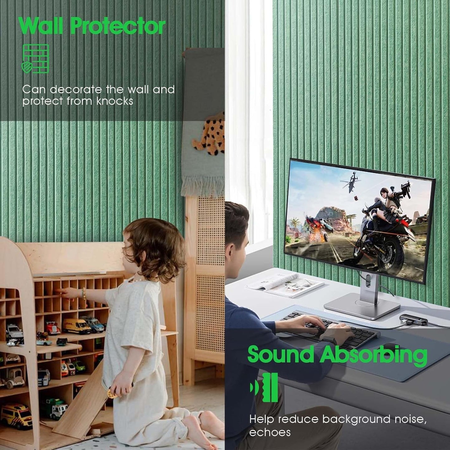 Large Cork Board for Office, 8 Pack Felt Wall Tiles with Slat Wall Paneling and Safe Removable Adhesive Tabs, Felt Bulletin Board Pin Board Cork Boards for Walls (Sage Green)