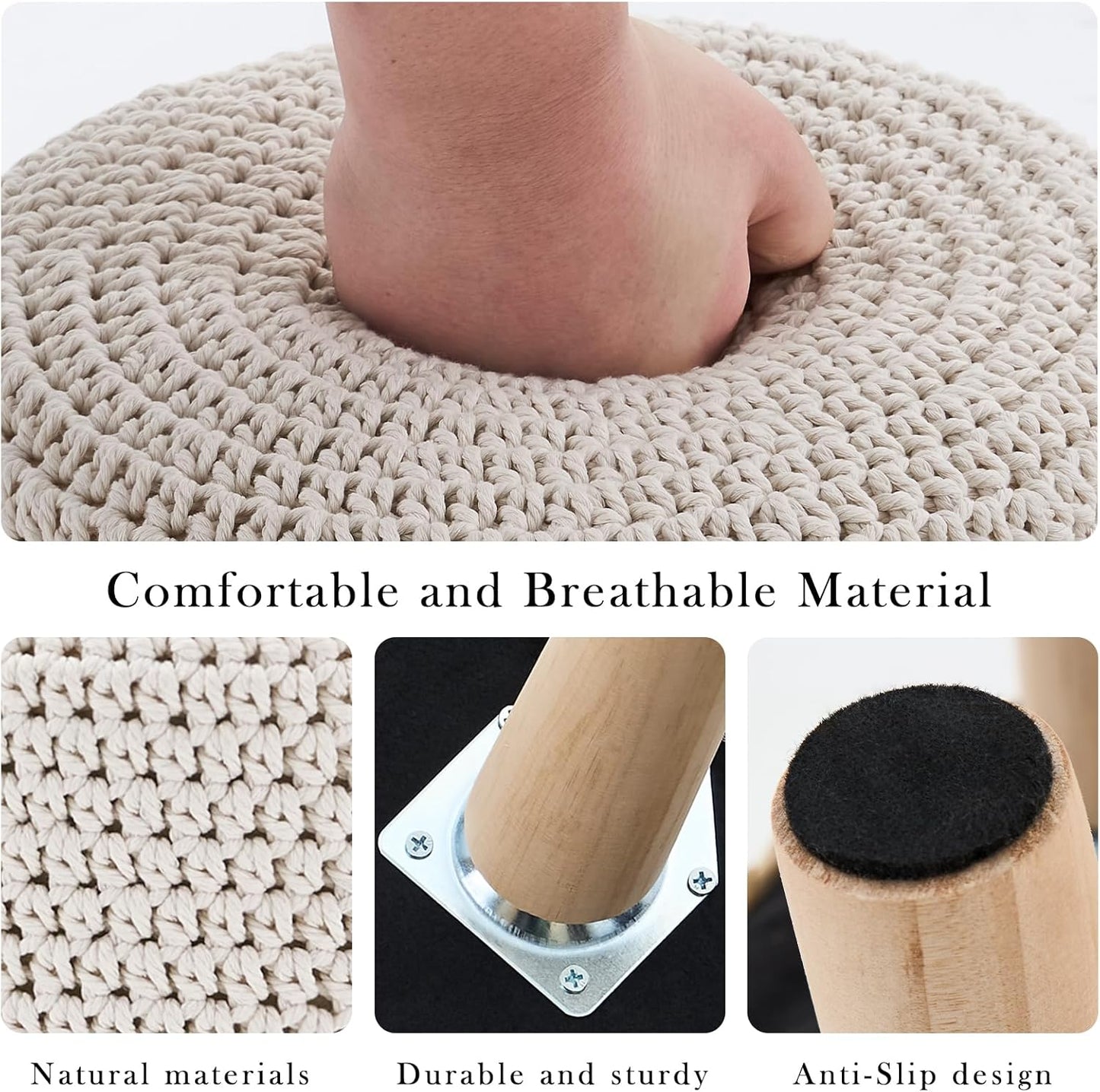 Cotton Knitted Ottoman Round Footstool Vanity Stool Modern Stool Ottoman Footrest Stool with Non-Skid Wood Legs for Living Room Bedroom White