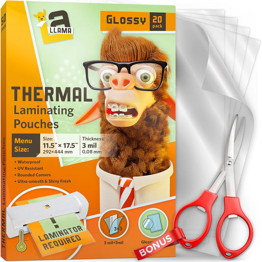 Thermal Laminating Pouches, 11.5 x 17.5 Inches, 3 Mil Thick, 20 Pack, Suited for Menu Size Laminating Sheets 11 x 17