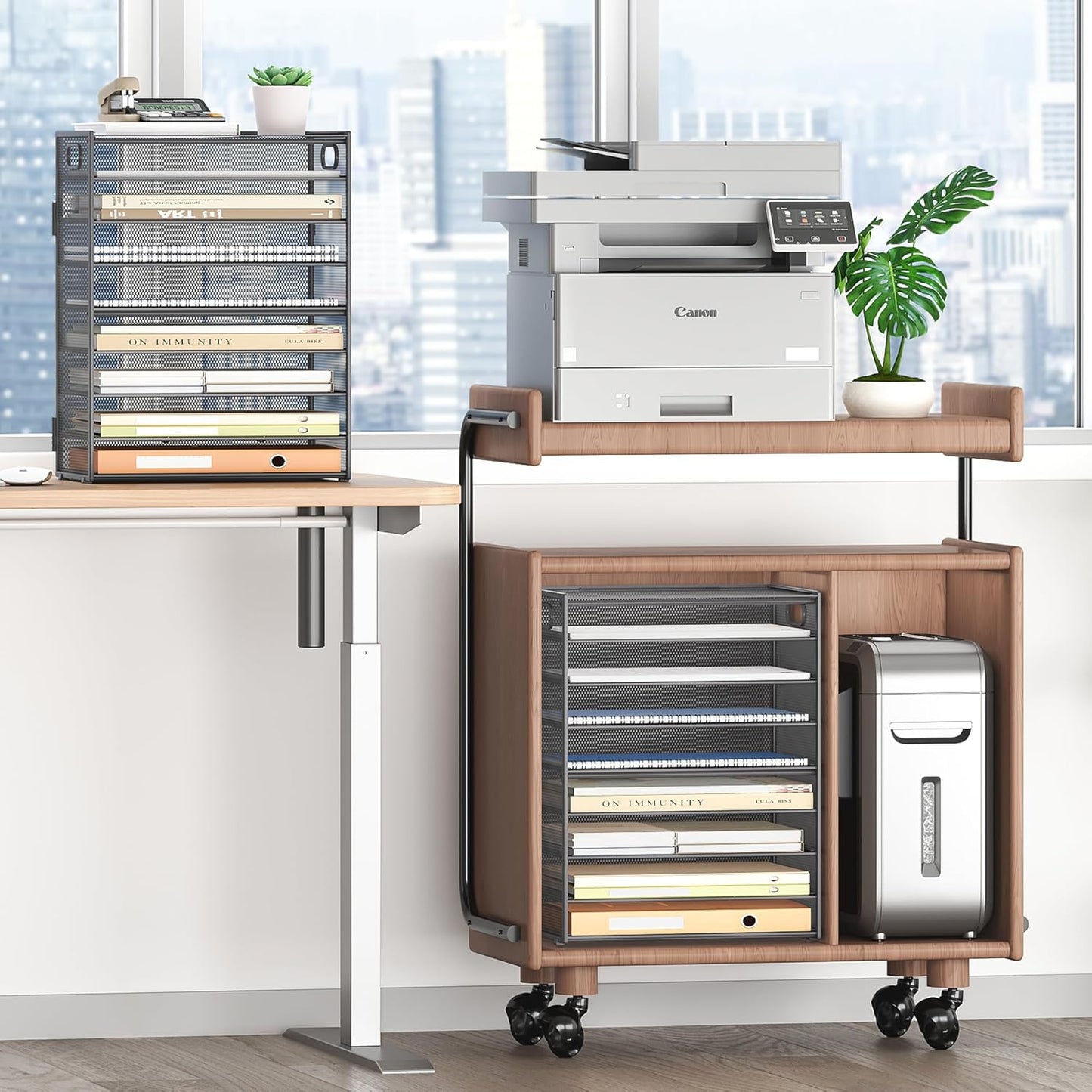 SUBEKYU 9 Tier Paper Organizer for Desk - Gray Metal Mesh Letter Tray File Paper Sorter Organizer Include 6 Pcs Adjustable Height Slid Tray with Handles for Office School Home Organization Storage