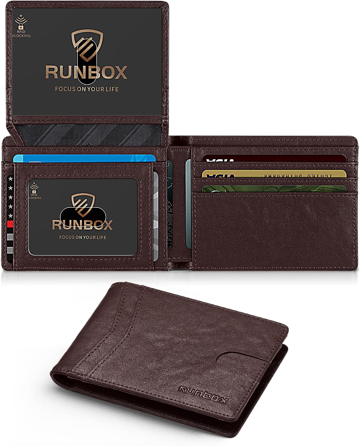 RUNBOX Wallet for Men Slim Rfid Leather 2 ID Window With Gift Box
