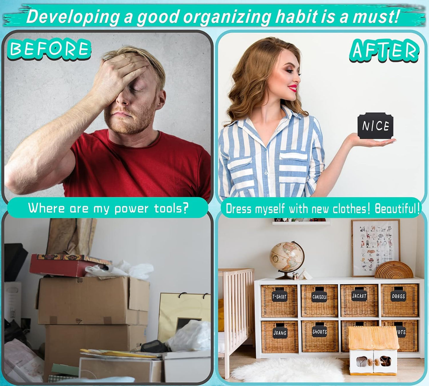 27-Piece Set of Basket Labels Clip On for Storage Bins: 10 Erasable Plastic Kitchen Pantry Labels, 16 Removable PVC Tag Stickers, 1 White Chalk Marker, for Organization Container, Jar, Shelf, Laundry