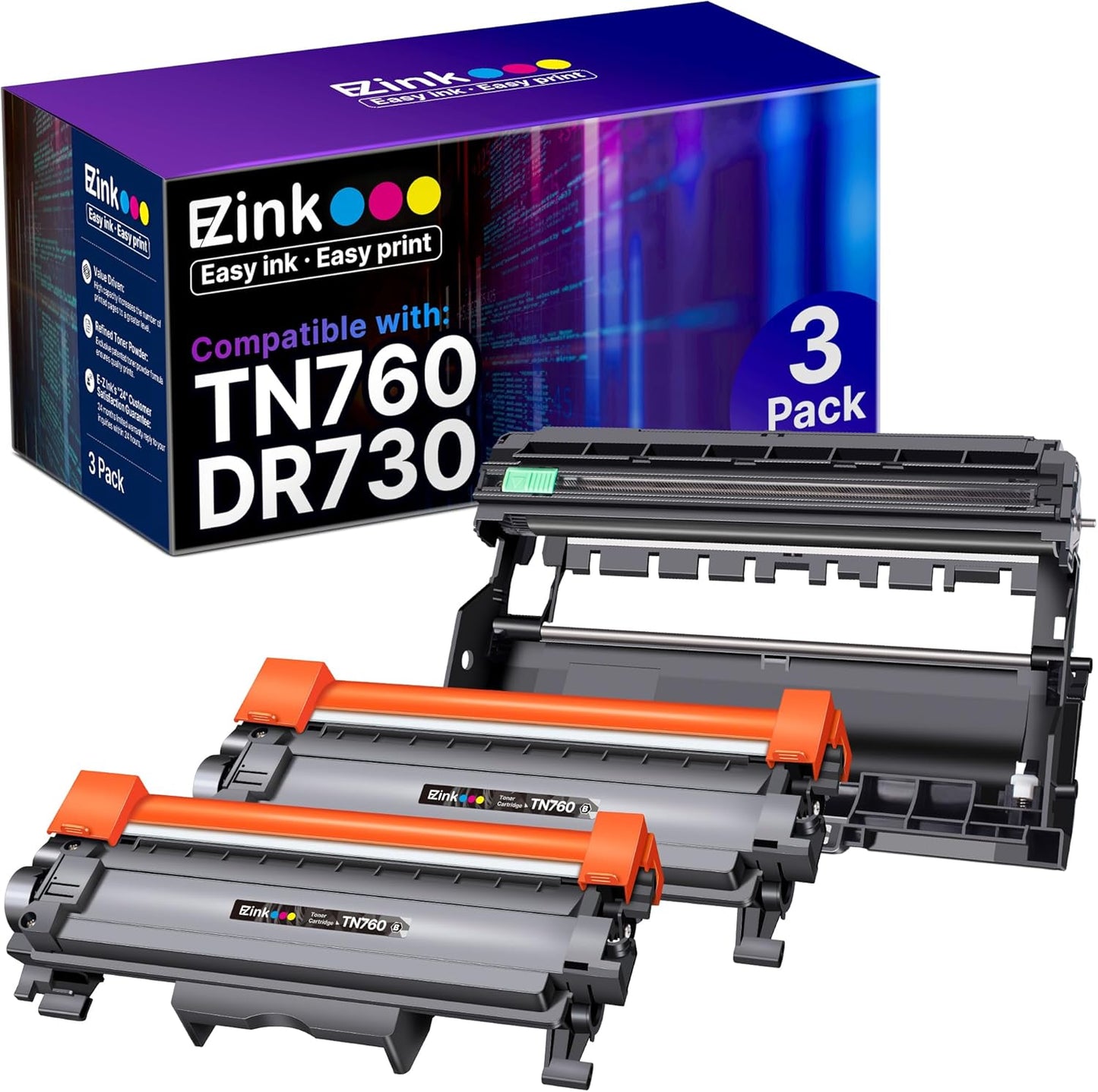 E-Z Ink TN760 Toner Cartridge and DR730 Drum Unit Compatible for Brother TN-760 TN730 DR 730 to Use with MFC-L2710DW MFC-L2750DW HL-L2370DW DCP-L2550DW (3 Pack, 2 Toner Cartridge, 1 Drum Unit)