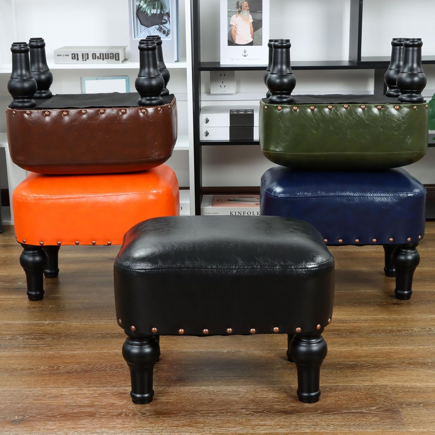 Ottoman Leather Foot Rest with Thicker Foam Padded Seat, Footstool with Wooden Legs (Black)