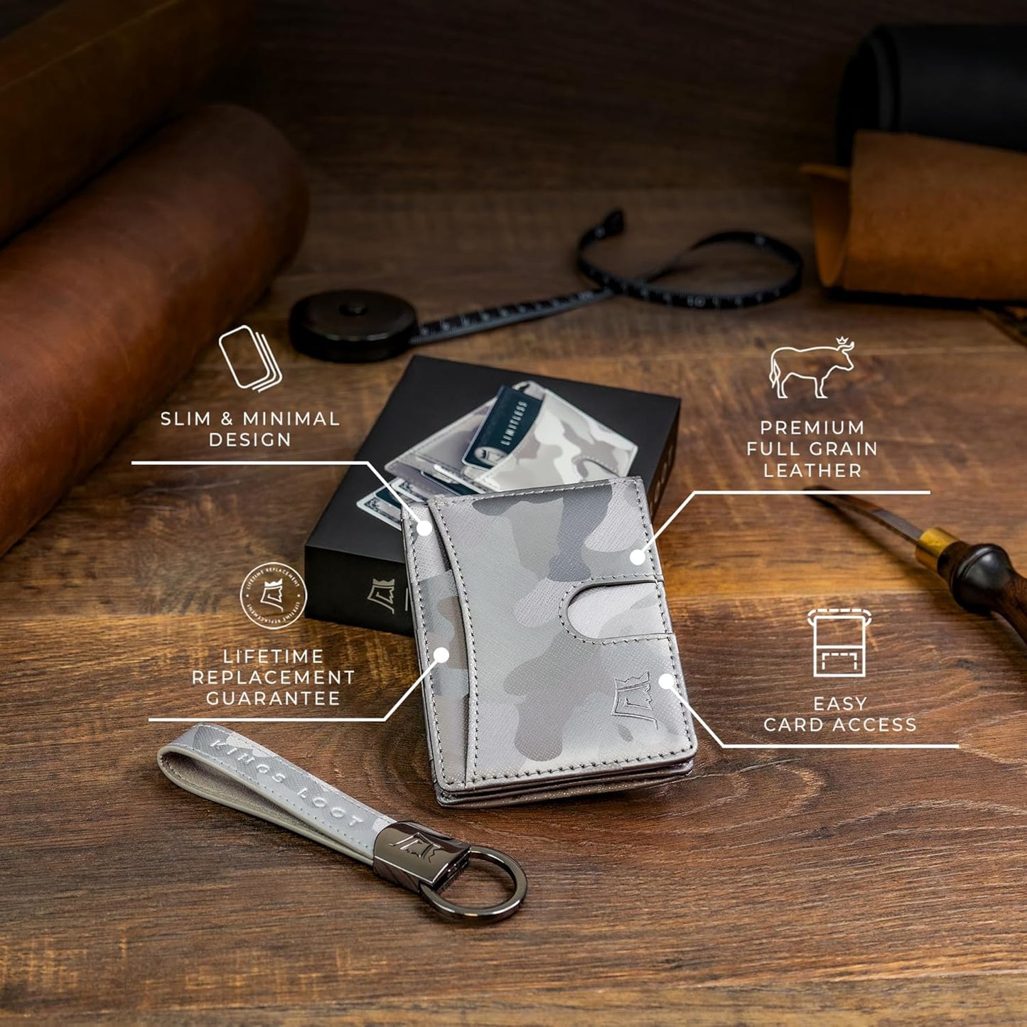 Kings Loot Money Clip Slim Minimalist Wallet for Men – RFID Blocking Leather Design with Money Clip – Front Pocket Bifold Holds 12 Cards – Stylish & Compact Wallets (Camo White)