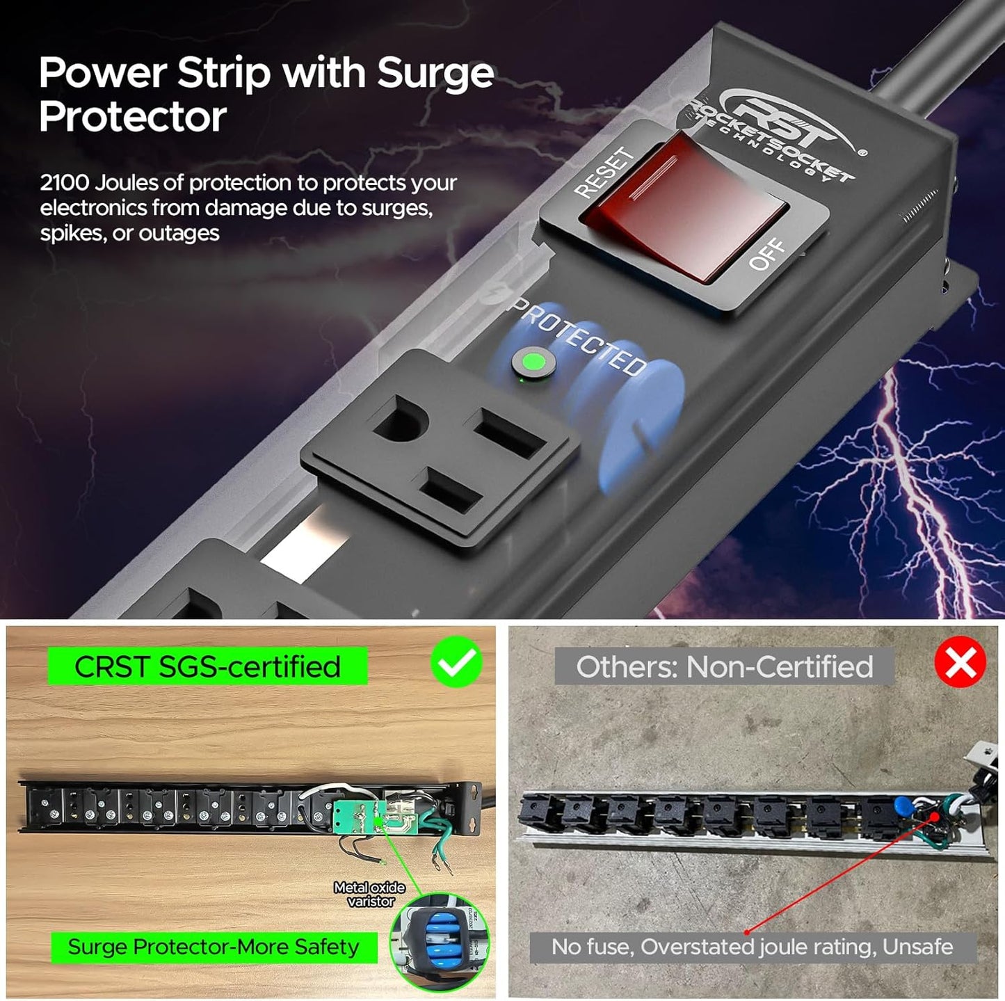 CRST 2Pack 6 Outlet Heavy Duty Power Strip with Switch, 15A/1875W Metal Mountable Power Strip Surge Protector 2100Joules, Wide Spaced Power Bar for Garage Worshop Home School, 6 FT Cord(Black)