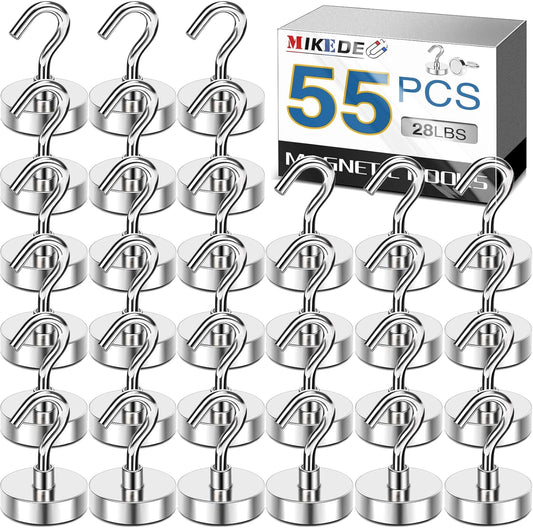 MIKEDE Magnetic Hooks, 30LB Heavy Duty Magnet Hooks for Cruise Cabins, Strong Magnets Neodymium with Hooks for Hanging, Refrigerator, Locker Decoration, Workplace -55Pack