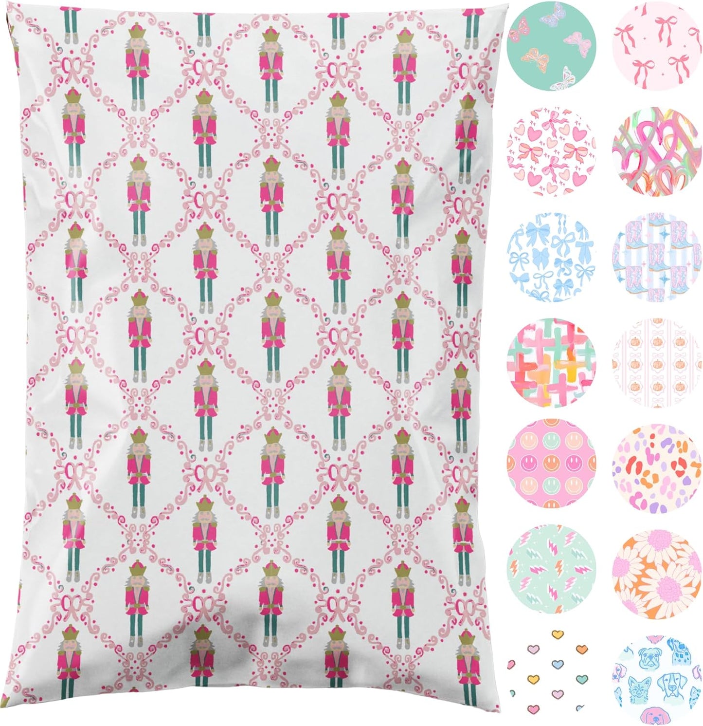 10x13 Designer Poly Mailer 100 Pack Heavy Duty Waterproof Self Seal Shipping Bags for Small Business Large Mailing Envelopes Bulk Tear Resistant Packaging Pink Nutcracker Christmas Holiday