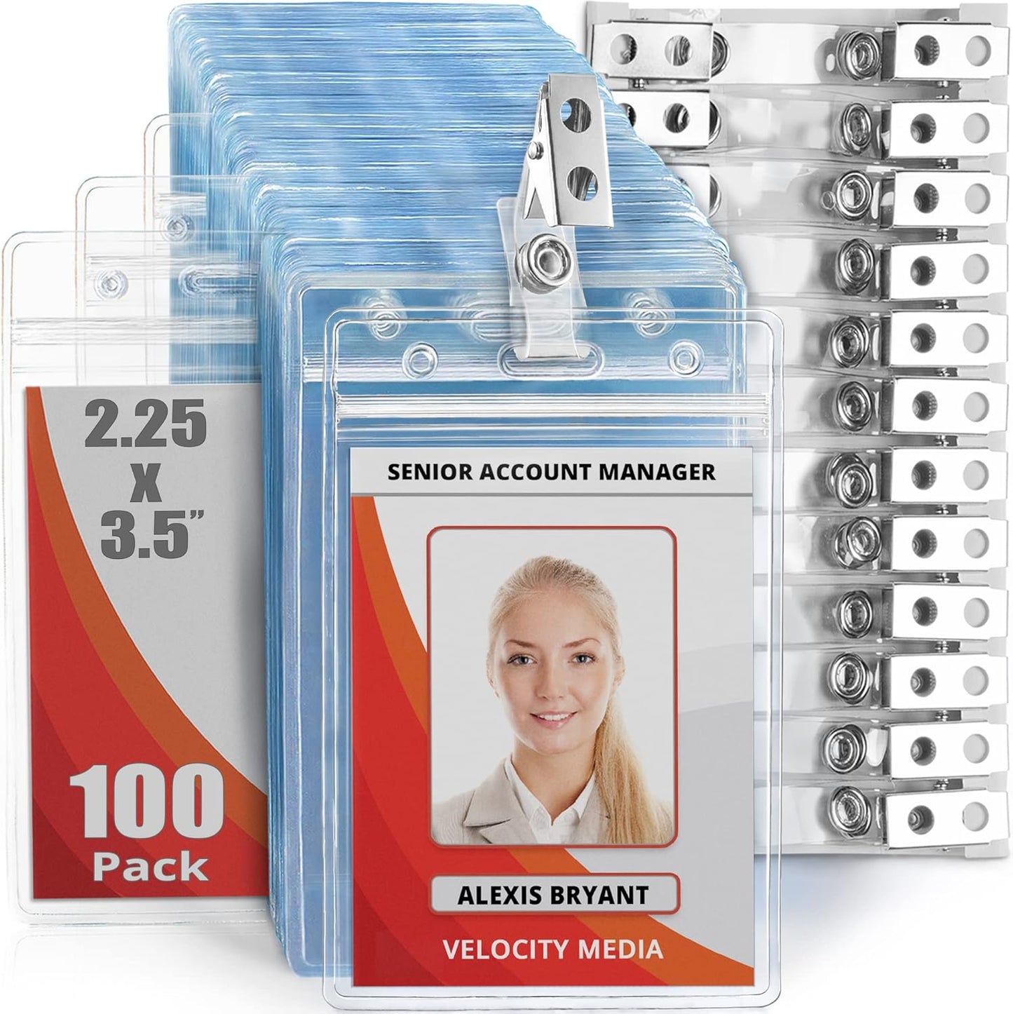 Mifflin-USA Vertical Plastic Card Holder with Metal Clip and Vinyl Straps (Clear, 2.25x3.5 Inch, 100 Pack), Waterproof PVC ID Name Badge Holder with Clip