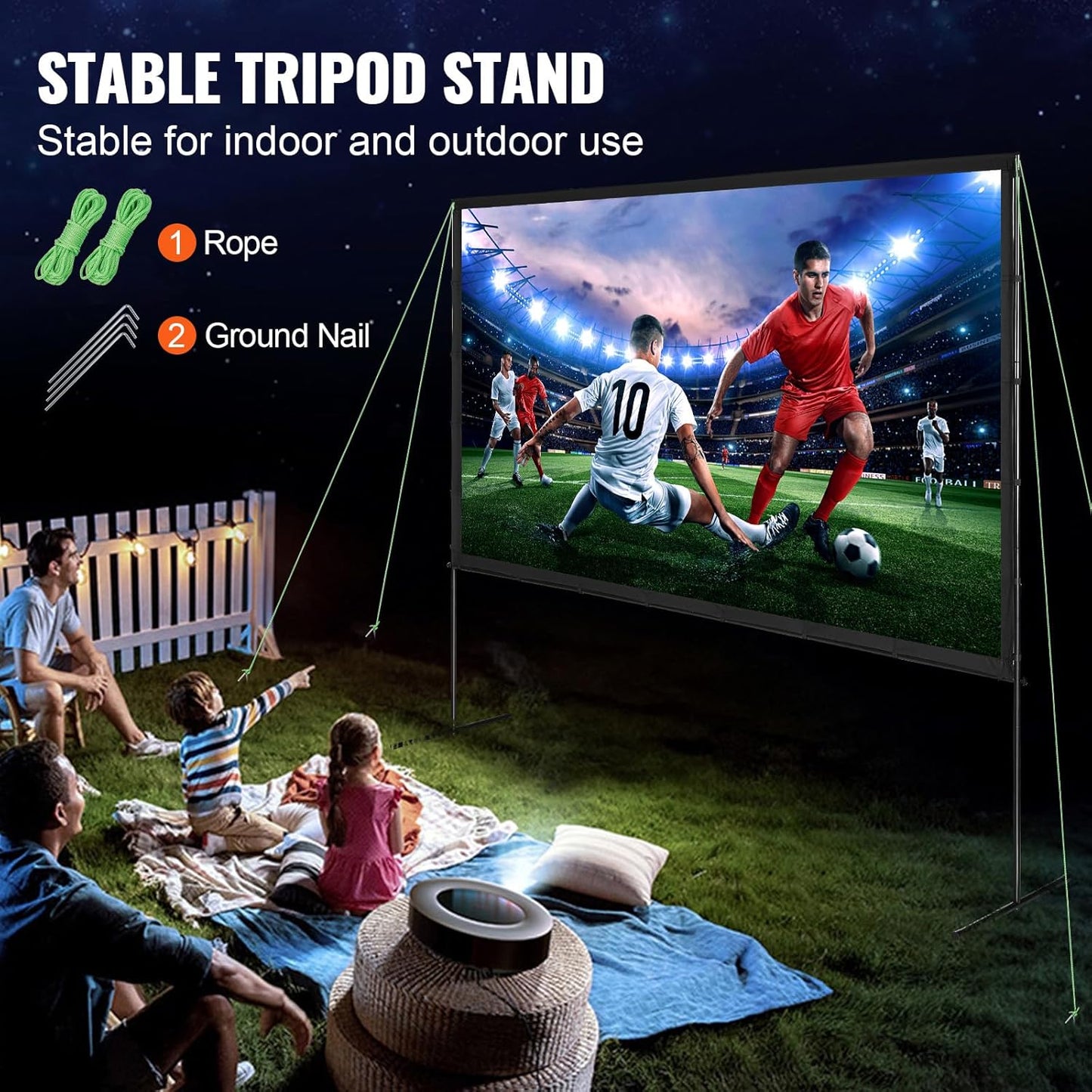 VEVOR Projector Screen with Stand, 120 inch 16:9 4K 1080 HD Outdoor Movie Screen with Stand, Wrinkle-Free Projection Screen with Bar Feet and Carry Bag, for Home Theater Cinema Backyard Movie Night