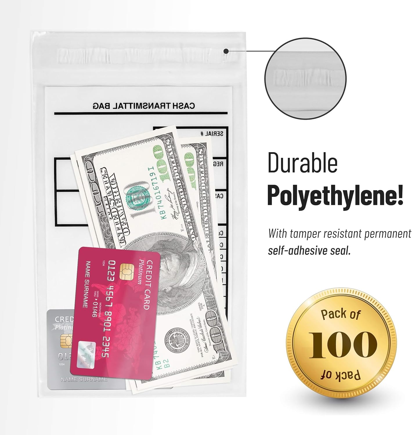 Tamper Proof Bank Deposit Bags - Self-Adhesive Seal, Write-On Surface, 6"x9" Clear Plastic Cash Envelopes | Pack of 100
