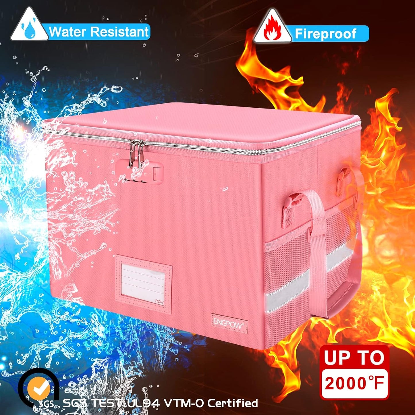 ENGPOW File Box with Lock, Fireproof Document Box with Pockets, Collapsible File Organizer Filing Storage Cabinet with Handle, Portable Home Office Safe for Hanging Letter/Legal Folders, Pink, 2 Pack