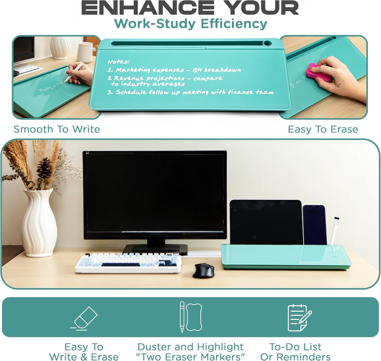 Glass Desktop Whiteboard for Quick Notes & Reminder – Desk Storage with Drawer – Compact Desk Organizer Whiteboard – Small Dry Erase Board - Desktop Accessories for Home Office (Turquoise)