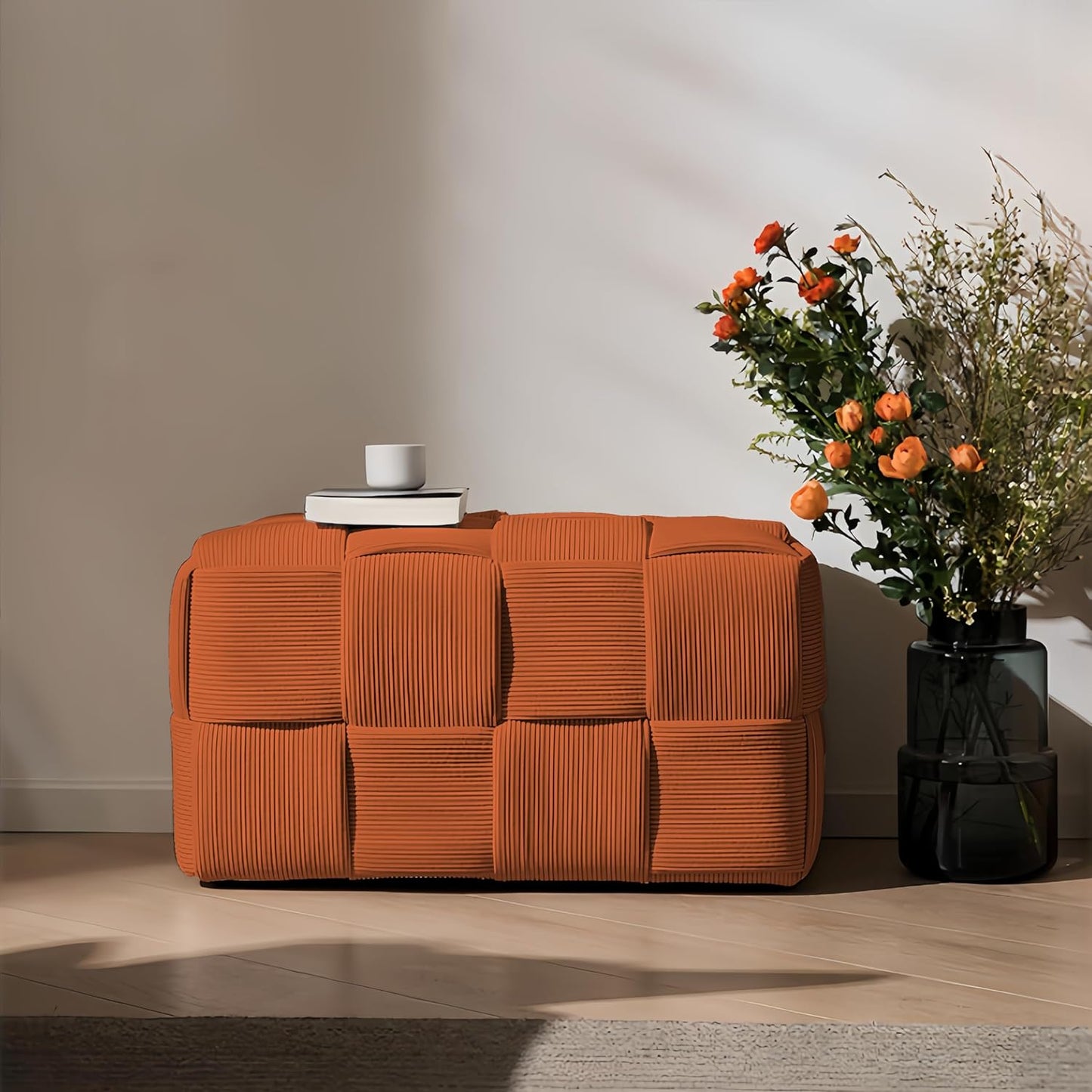 Ottoman Foot Rest Soft and Comfortable Ottoman Square Corduroy Woven Design Sofa Stool (Orange-L)