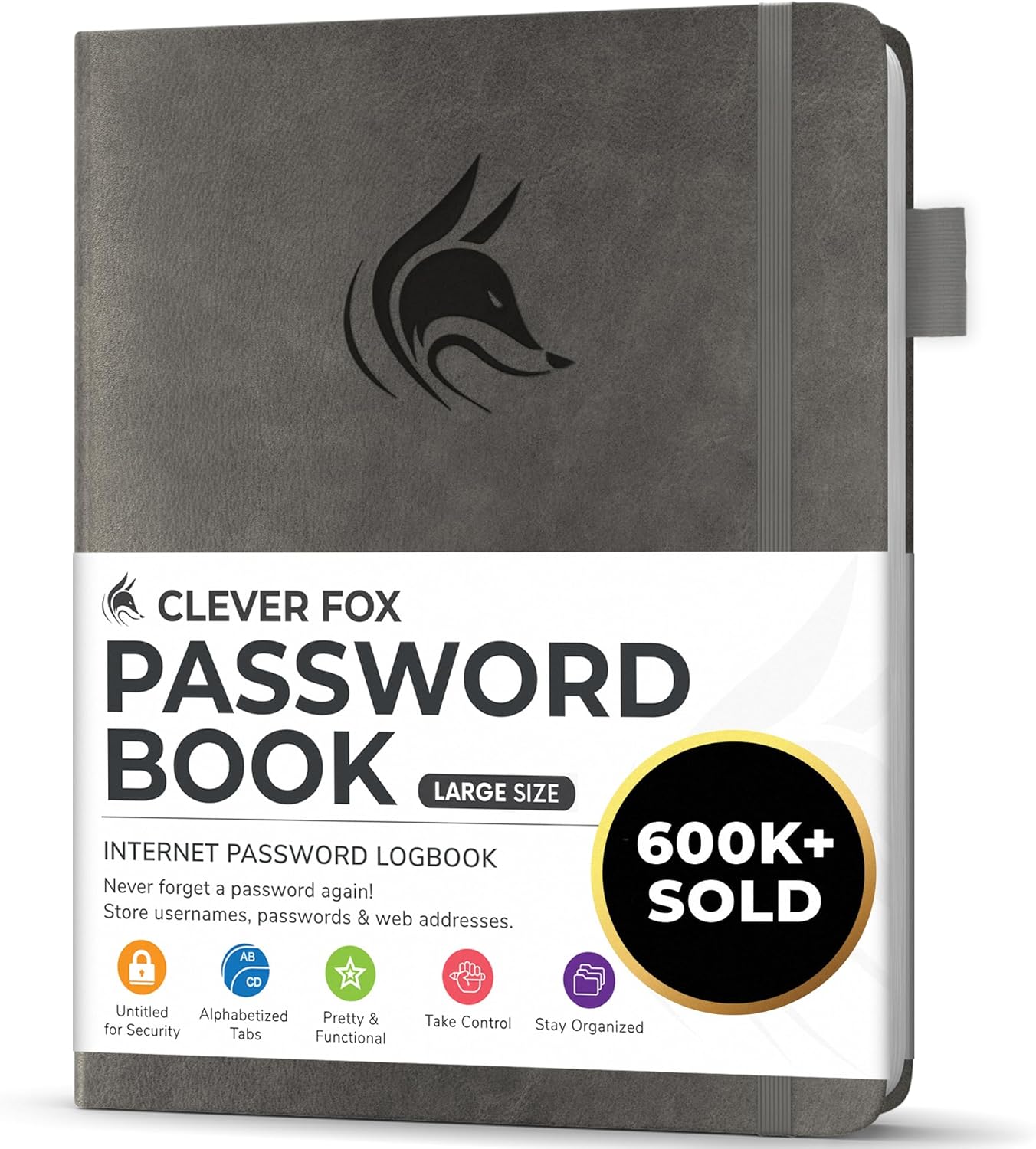 Clever Fox Password Book with alphabetical tabs. Internet Address Organizer Logbook. Large Password Keeper for Website Logins (Gray)