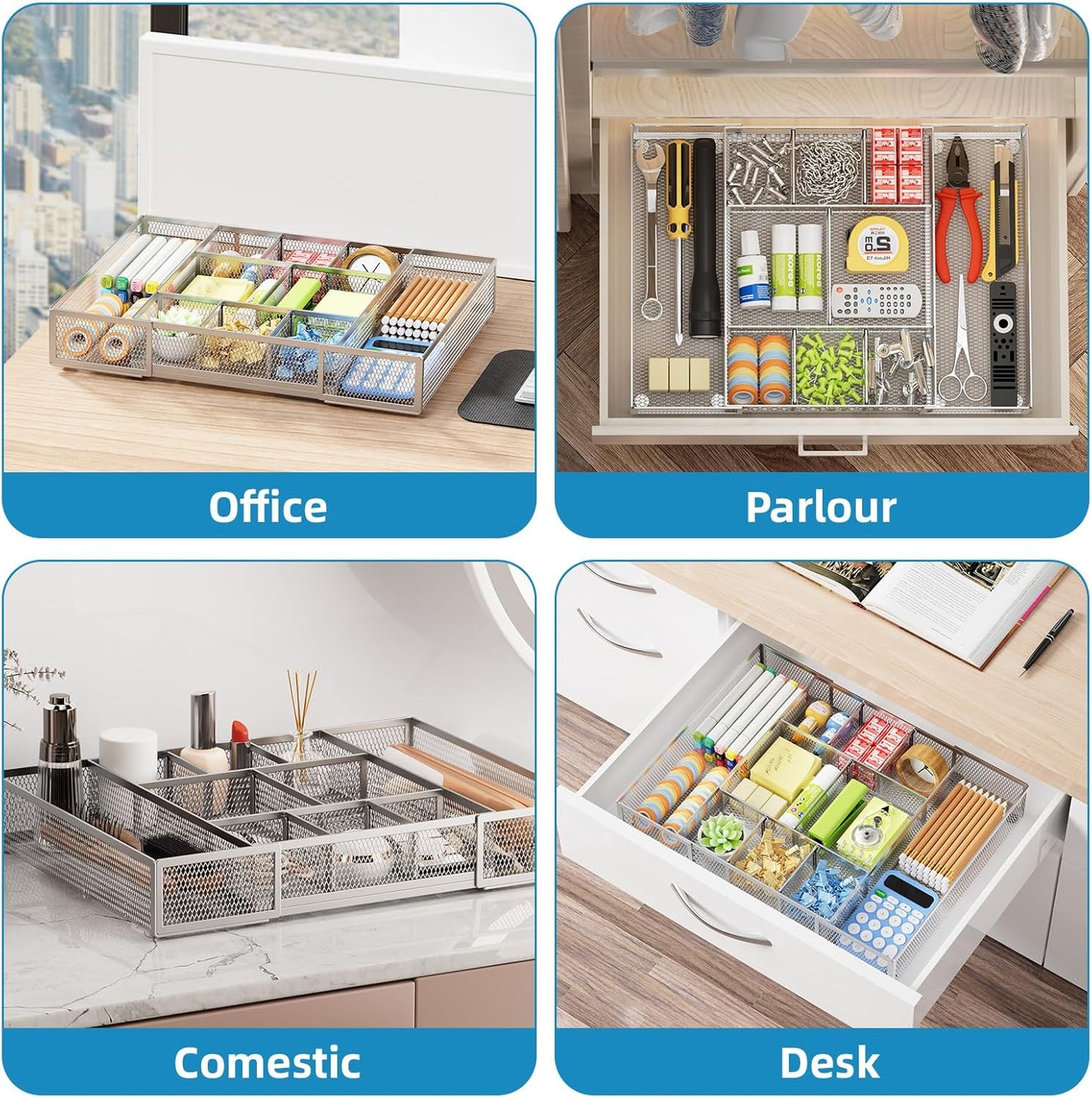 Marbrasse Expandable Desk Drawer Organizer, Mesh Tray with 10 Adjustable Compartments, Desk Organizers for Office Supplies, Makeup & Vanity (Expandable-Silver)