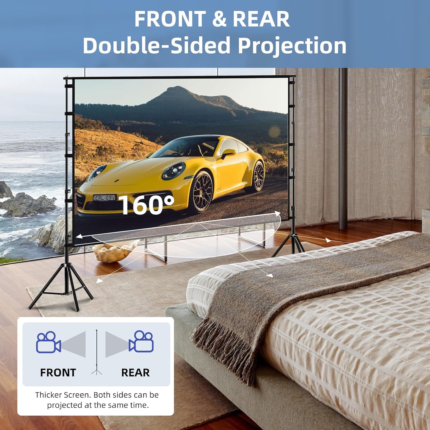 TOWOND Projector Screen and Stand, 100 inch Projection Screen Outdoor Indoor, Portable 16:9 4K HD Rear Front Movie Screen with Carry Bag Wrinkle-Free Design for Home Theater Backyard Cinema