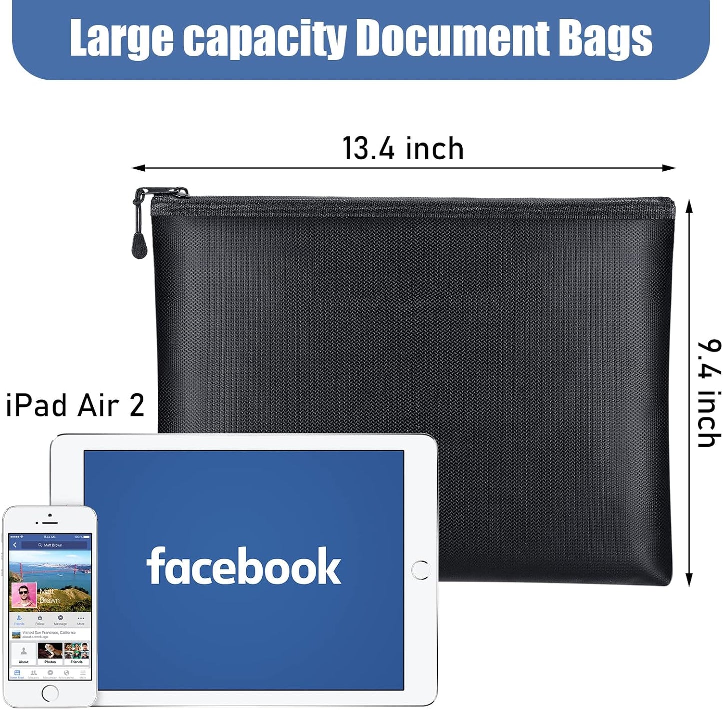 4 Pack Fireproof Document Bags 13.4 x 9.4 Inch Waterproof and Fireproof Money Bag Document Holder with Zipper Fireproof Safe Storage Bag for A4 Documents, Money, Passport and Tablet