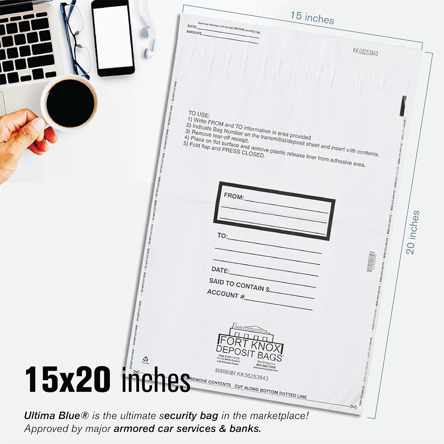 BankSupplies Ultima Blue Dual Pocket White Deposit Bags |15W x 20H | Pack of 500 | Transit, Transfer, Valuables | Tamper Evident Tape | Captive Flap Closure | Security Deposit Bag