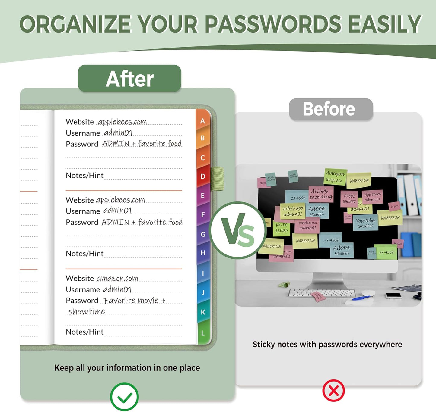 SUNEE Password Keeper Book with Colorful Alphabetical Tabs, Small Pocket Password Book for Internet Website Address Login, Gifts for Home and Office, 4''x 6''- Sage Green