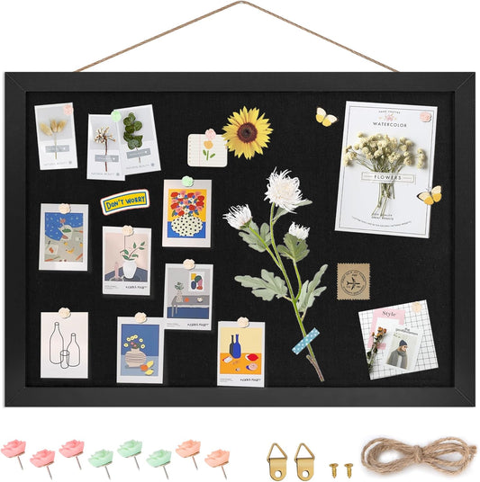 Black Cork Board Bulletin Board 16.7" x 11", Small Linen Corkboards with Frame for Walls, Cute Picture Display Pin Board Vision Board for Room School Office Bedroom 8 Pushpins