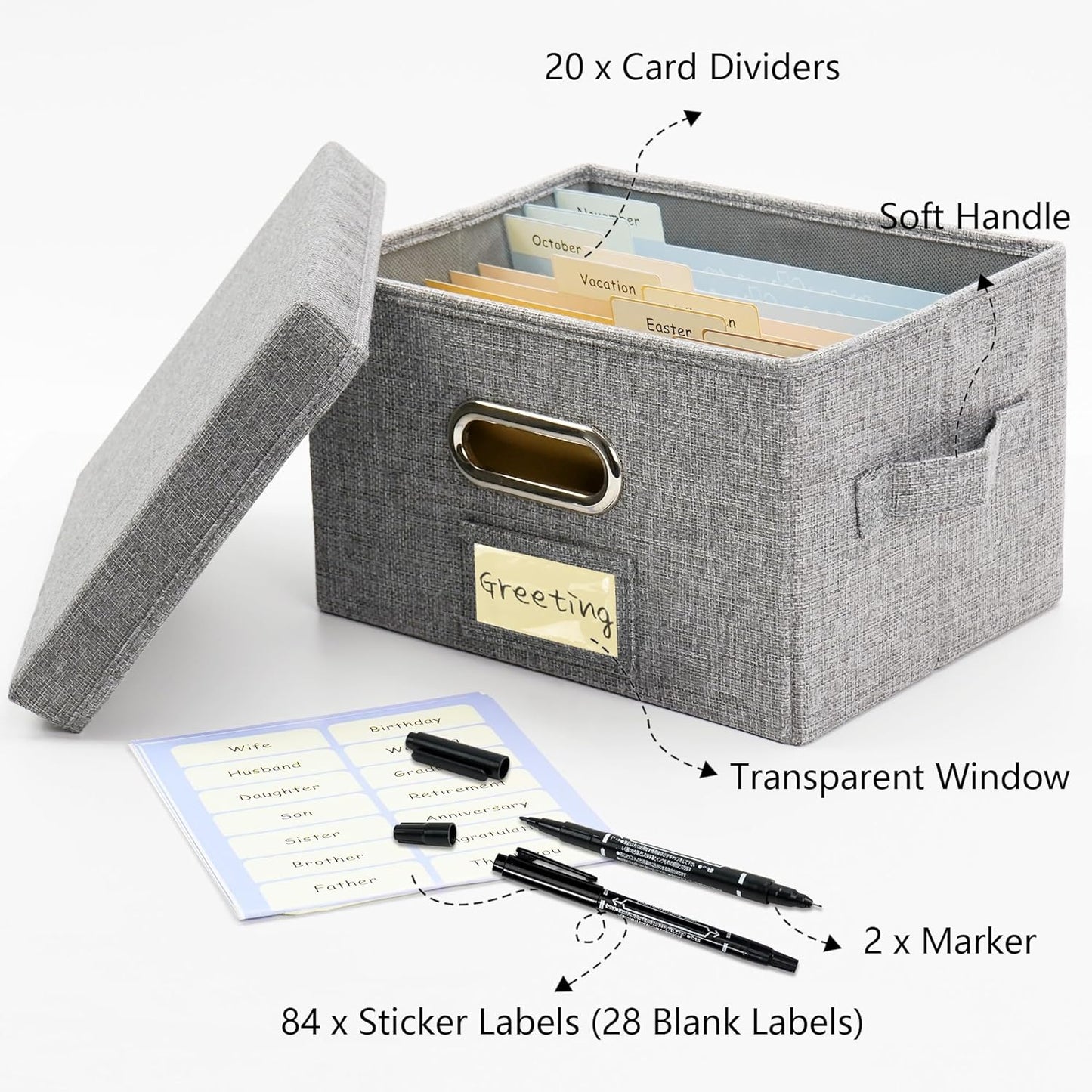 Greeting Card Organizer and Storage Box with 20 Pcs Adjustable Dividers, Storing Cards with 84 Pcs Labels Perfect for Storing Greeting Cards, Envelopes, Photos 1 Pack Grey