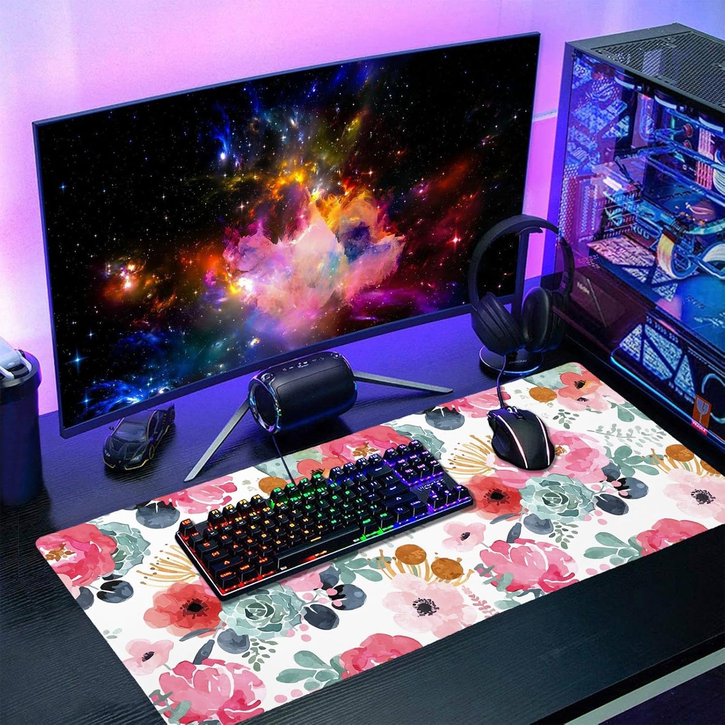 Pink Green Flowers Gaming Mouse Pad XXL Cute Watercolor Floral Pretty Extended Desk Pad Trendy Pastel Large Mousepad Non-Slip Rubber Base Stitched Edge Long Table Mat for Desktop, 35.4 x 15.7 inch
